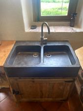 Évier cuisine 2 bacs pierre bleue + meuble en pin recyclé