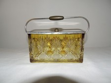 ANCIEN POT A BISCUIT EN VERRE OU CRISTAL TAILL2 COULEUR JAUNE COUVERCLE METAL