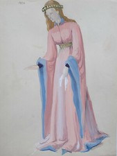 FEMME Costume Medieval DESSIN ORIGINAL Gouache PEINTURE Mode THEATRE XX°