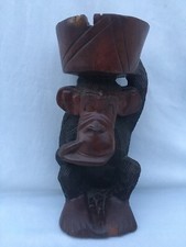 ART AFRICAIN STATUETTE DE SINGE CENDRIER VIDE POCHE SCULPTÉ EN BOIS MASSIF 25 CM
