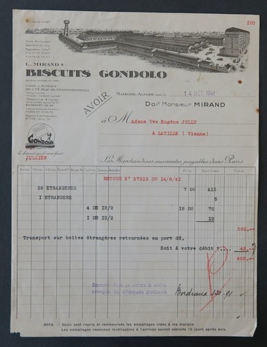 Facture 1941 biscuits gondolo - facture,