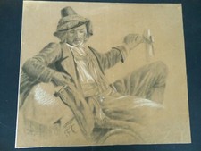 DESSIN /PIERRE NOIRE- ECOLE DU 19ème SIECLE SIGNE "FC" PERSONNAGE EUROPEEN -D225