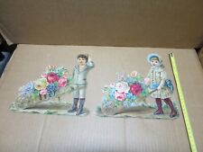 ENFANTS brouettes de fleurs paire d'anciens grands chromos découpis gaufrés