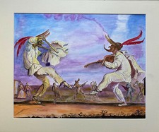 Tableau Aquarelle Commedia dell'Arte "Le baton et la guitare" Franca Trippa