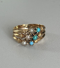 4806- Bague 3 Anneaux Or Jaune Turquoises Perles