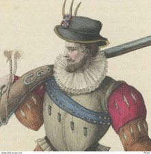 Mousquetaire Mousquet Garde Royale Henri III - Gravure originale aquarelle XIXe