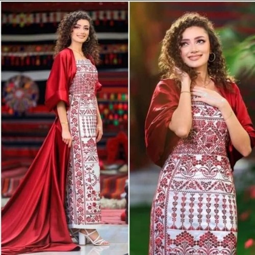 Women white dress with tatreez - with,