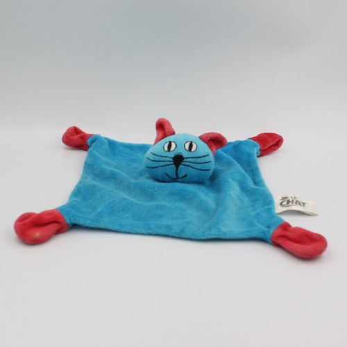Doudou plat chat bleu - chat, rouge