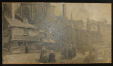 DESSIN ANCIEN XIX ème ECOLE BRETONNE SAINT BRIEUC LA PLACE DU MARCHE CRAYON