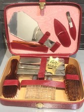 Ensemble nécessaire de toilette vintage - Trousse mallette valisette cuir rouge
