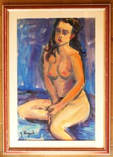 tableau de Gérard Fagard (1938-2021): nu féminin sur fond bleu