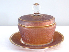 Ancienne Boite toilette bonbonnière  et sa soucoupe Cristal givré ambré BACCARAT