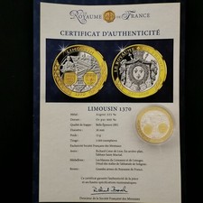 MEDAILLE ARGENT 333‰ DOREE OR FIN / ROYAUME DU LIMOUSIN 1370 / 15g 36mm / Avec c