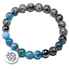 Bracelet perles Obsidienne flocon, Apatite, Hématite, pendentif Lotus Sur mesure
