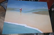 Tableau HSP Fillette sur la plage, lagune animée. Pop Art. Hommage à Hockney