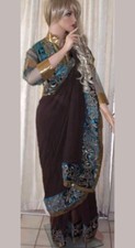 Sari indien 36/38 bollywood mariage oriental neuf manches longues bleu marron or