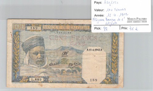 Billet algérie 100 francs - -,