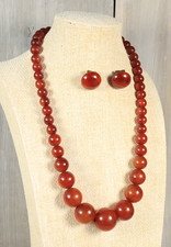 Antique French Amber Bakelite Beaded Necklace Graduated Round Beads & Earrings