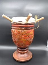 Magnifique Djembé En Bois Travaillé Aux Motifs Floraux ,Véritable Peau De Chèvre