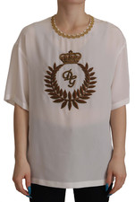 Dolce & Gabbana Haut Chemisier Blanc Soie Or Dg Couronne Cristal IT40/US6/M