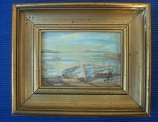 Cadre Doré Peinture par NORDET Scène de Bord de Mer Bateau