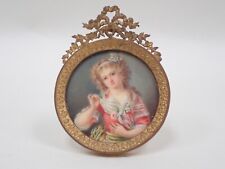 Ancienne miniature peinte jeune fille dans un cadre Louis XVI / Noeud / rubans