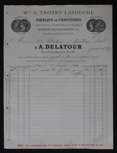 Facture paris 1900 fabrique - ,