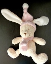 19. DOUDOU PELUCHE NICOTOY LAPIN  ROSE ECRU BONNET POMPON BLANC BILLES TB ETAT