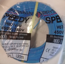 Fil électrique rigide (conducteur) H07V-U   1,5 mm² BLEU en couronne de 100m .