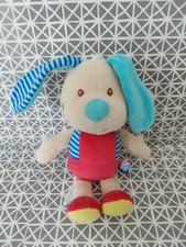 Doudou chien écru bleu rouge Sucre d'Orge 20 cm
