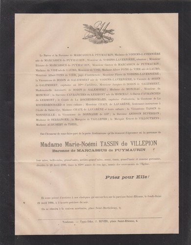 1886 faire part décès - faire-part, de