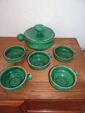 Beau Service Terre Cuite Emaillée Verte 1950 Vintage à Dessert Crème Soupe Apéro