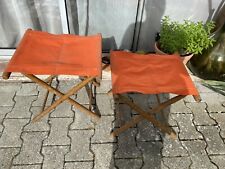 Lot 2 Anciens Tabouret Pliant Bambou Et Tissu Orange Retro Deco Camping Vintage