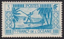 TIMBRE Oceanie pêche au harpon 1934-39 3F bleu NEUF