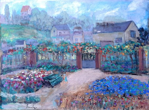 Tableau huile paysage jardin - huile,