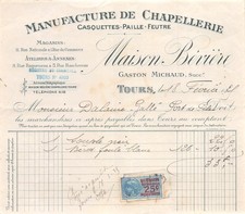 1929 MANUFACTURE DE CHAPELLERIE CASQUETTES PAILLE FEUTRE MAISON BEVIERE A TOU