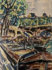 Beau Dessin Peinture Papier Aquarelle Péniche Seine Paris 1920 Ancien Lebourg ?