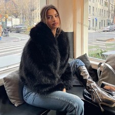 manteau en fausse fourrure de renard pour femme, veste courte noire, Vintage, 