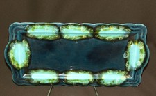 AA 1950 Faïence VALLAURIS plat long cake vintage bleu nuancé 36cm déco plateau