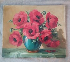 Ancien tableau Peinture Huile bouquet coquelicots pavots signé Nature Morte