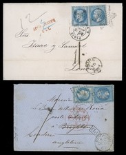 2 lettres avec association dentelé-lauré Paris-Londres dont une taxé