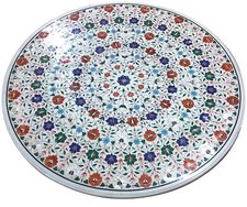 36 " Rond Marbre Café Table Top Demi Précieux Pierres Incrustation Handmade Work