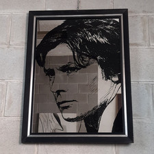Miroir Alain Delon Sérigraphié Intérieur Verre Cadre En Bois Vintage Années 70