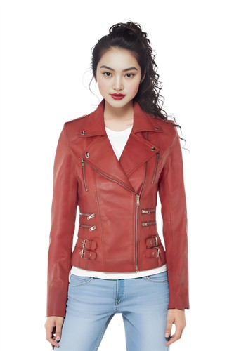 Femmes cuir motard veste rouge - motard,