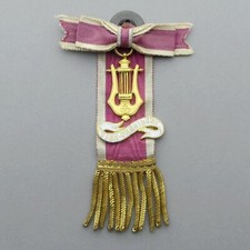 French, Large Medal, Lyre, Music. Art Nouveau. Enamel Pendant. Ribbon.