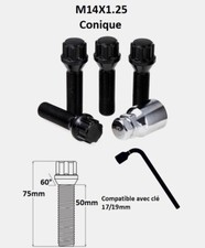 Vis antivol de roues M14X1.25 noir assise conique 60° filetage 50mm