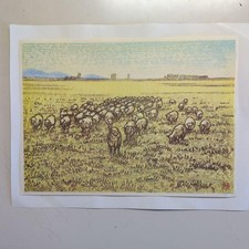 Gravure sur bois de troupeau de moutons. Auteur inconnu