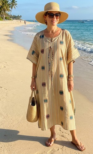 Beige striped kaftan dress - beige,