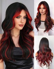 Perruque Synthétique Femme Bouclé Bicolore Noir Rouge Longue Kit Complet Pro