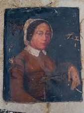 Ancien Tableau Peinture à Huile Portrait Féminin 18ème Siècle à Restaurer Ecole